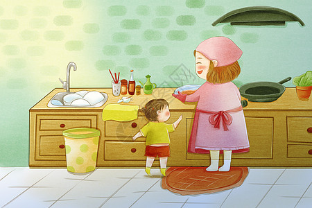 我和妈妈在厨房手绘高清图片素材