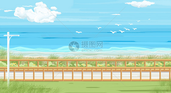 小清新夏日海边场景插画图片