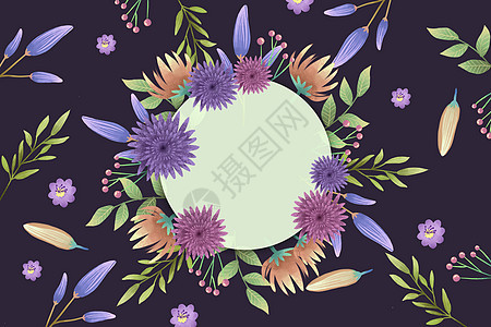 黑底粉紫色花卉圆形边框背景背景图片