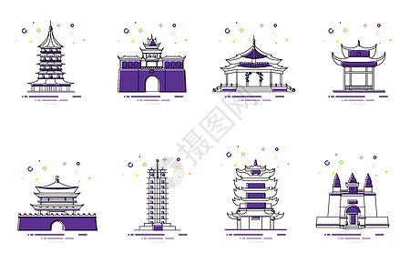 简约线性icon中国地标建筑插画