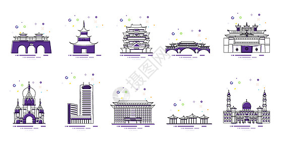 简约线性icon中国地标建筑插画