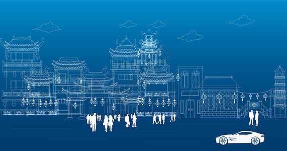 矢量剪影中国古建筑背景设计图片
