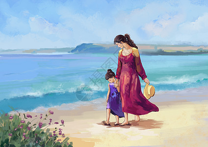 母女海边散步高清图片