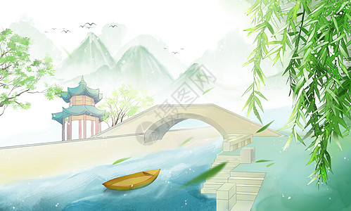 竹林流水中国风插画背景图插画