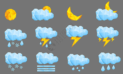 灰色风格低多边形天气图标插画