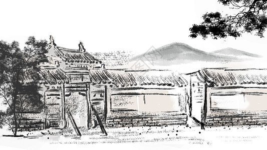 毛笔中国风建筑背景插画