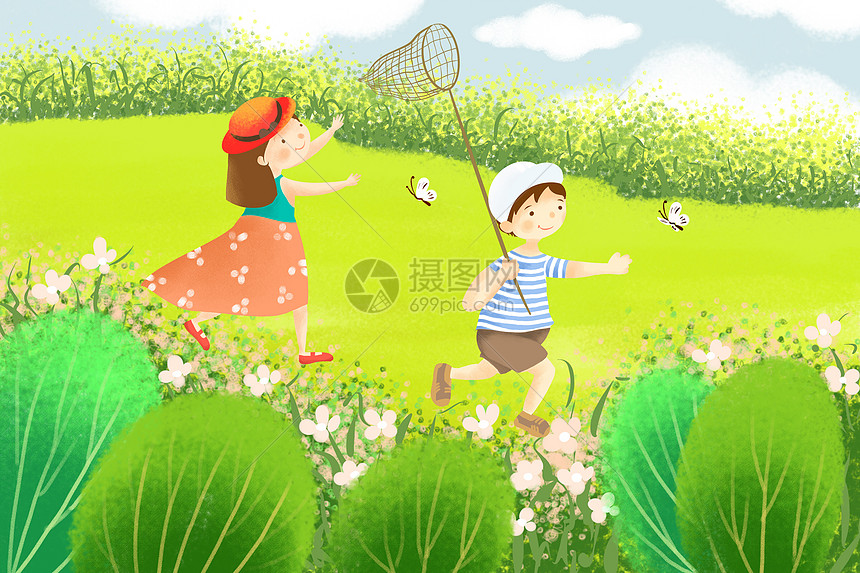 夏天孩子们捕蝴蝶