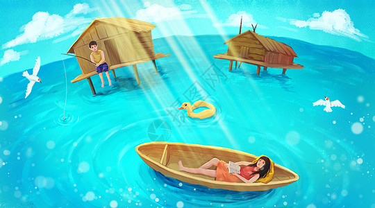 巴厘岛泻湖海边旅游度假插画