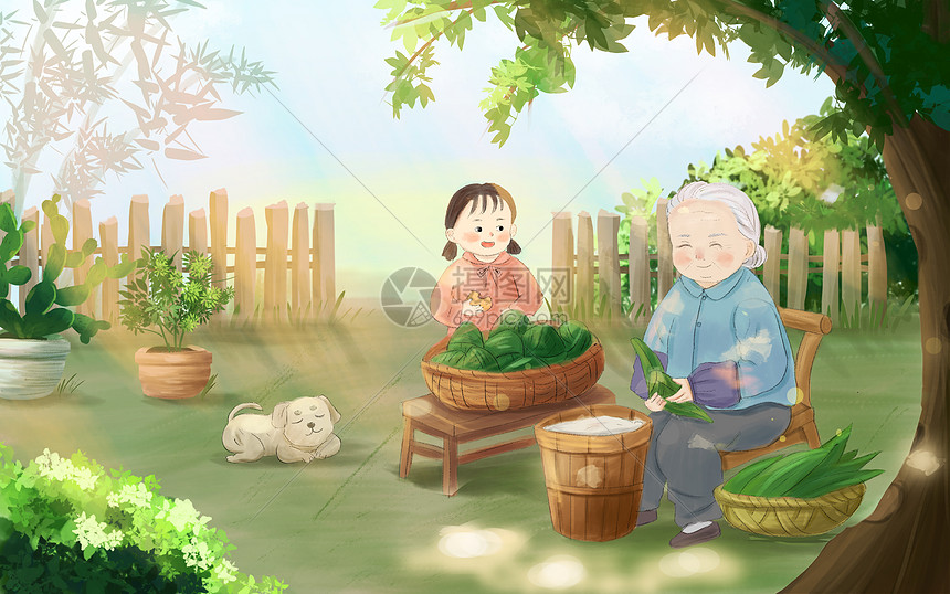 端午节我和奶奶在院子里包粽子插画图片下载-正版图片