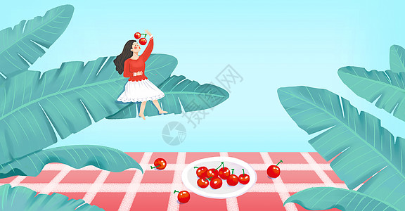 餐桌小清新夏天的樱桃和芭蕉插画