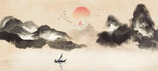 中国船水墨山水插画