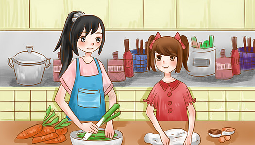母亲节少女厨房做饭漫画图片素材