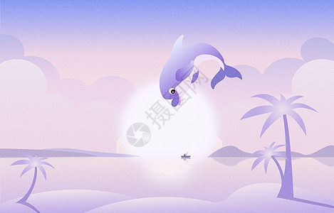 紫色海边海豚飞跃海报图片