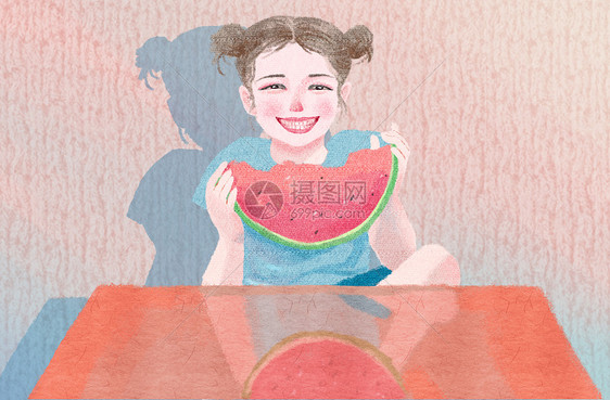 夏天女孩吃西瓜图片