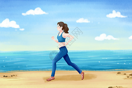 老年跑步女生海边跑步健身插画