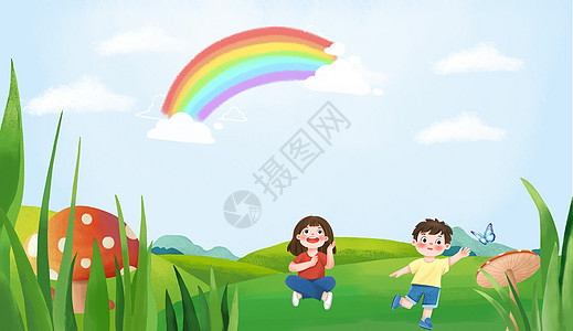 六一儿童节彩虹上小男孩高清图片