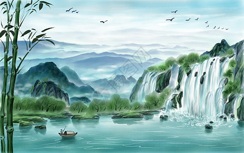 竹林流水水墨山水画背景插画