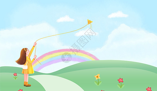 儿童节背景彩虹上小男孩高清图片