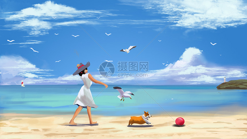 海滩人物风景插画图片