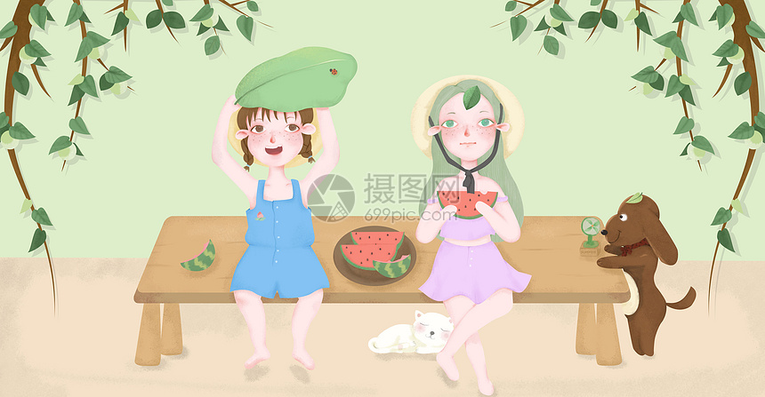 清新夏天女孩乘凉吃西瓜插画图片