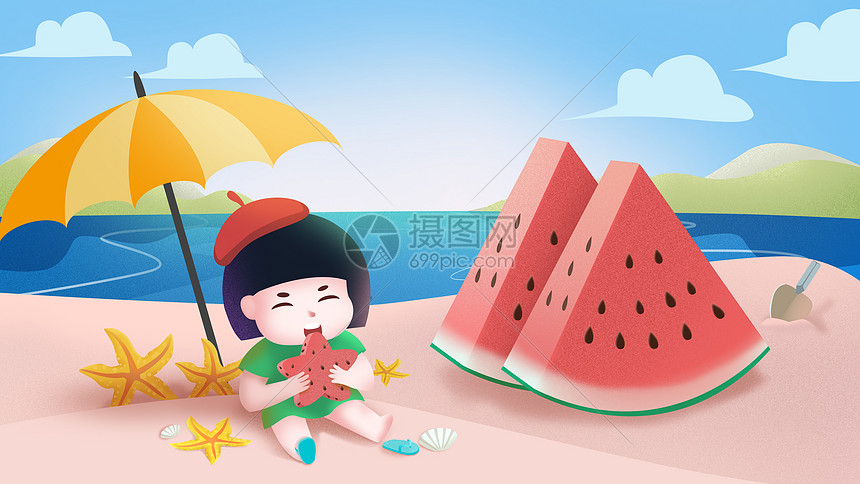 夏至西瓜可爱小孩吃西瓜插画图片