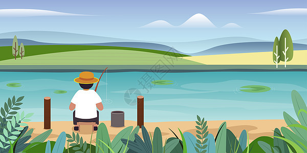 小暑钓鱼插画背景图片