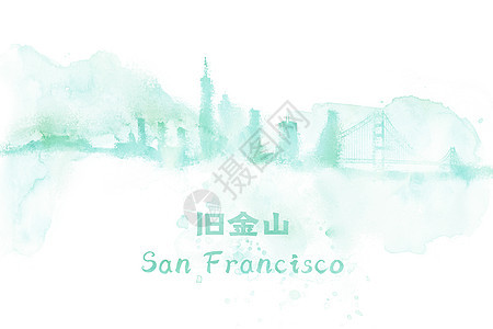 地标城市旧金山水彩手绘插画图片