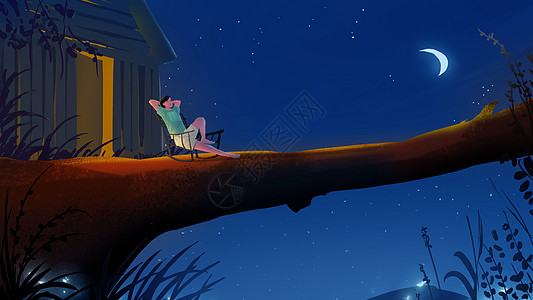 夜晚风景插画在树屋上看月亮插画