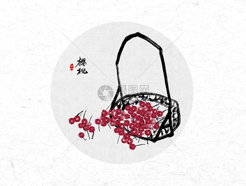 篮子里的樱桃中国风水墨画图片
