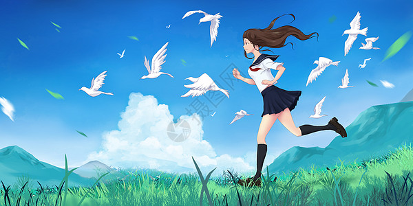 日系少女奔跑的少女插画