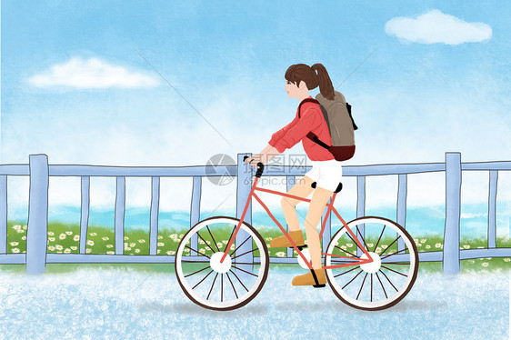 唯美插画 骑自行车旅行.