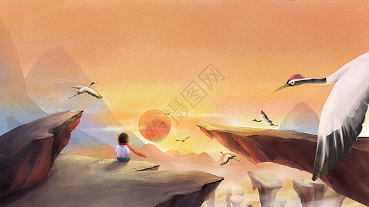 日落里的男孩与丹顶鹤背景图片
