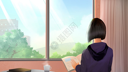清晨天空看书的女孩插画