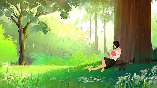 青春场景在树下的女孩插画