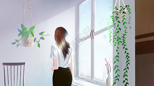 窗前远望的女孩背景图片