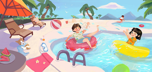 儿童泳池夏日假日旅行泳池玩耍插画