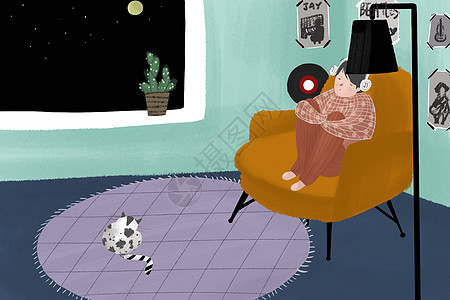 孤独的少年室内插画忧郁猫高清图片