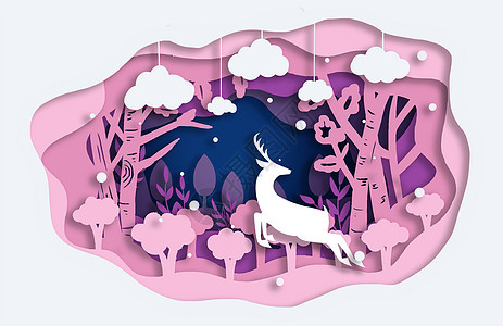 粉色森林小鹿立体剪纸图片