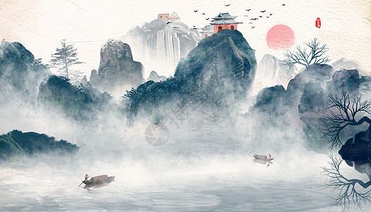 国画风景中国风山水水墨画插画