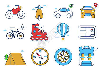 野外冒险旅游交通工具图标icon插画