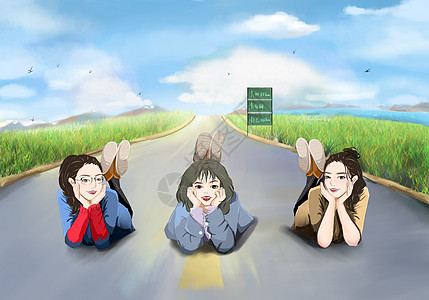 笔直伸向远方的道路暑假旅行插画