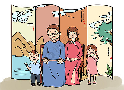 家庭生活全家福漫画亲子照高清图片素材
