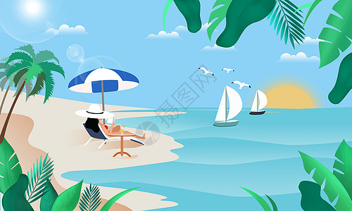 总结蓝夏天海边沙滩插画插画