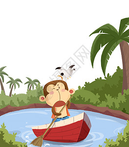 小猴子划船猴子和小鸟高清图片