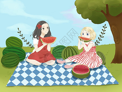 夏天女孩野餐吃西瓜插画图片