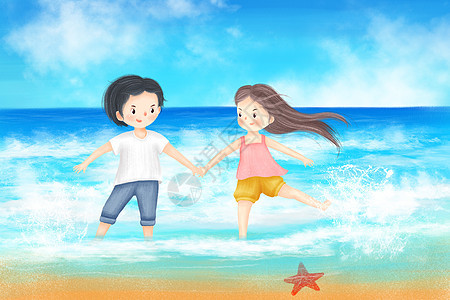 手绘情侣海边旅游插画图片