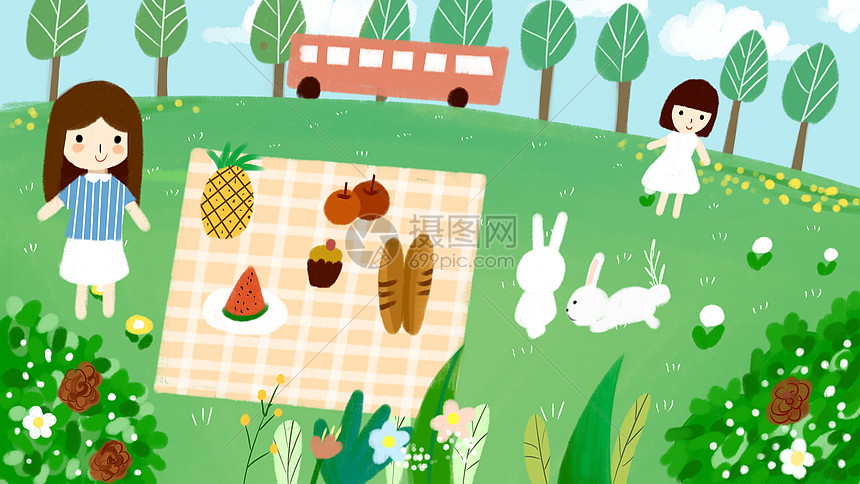 可爱小清新旅行郊游野餐插画图片