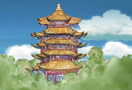 黄鹤楼水彩手绘