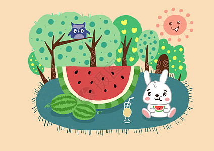 夏天小白兔吃西瓜插画手绘图片