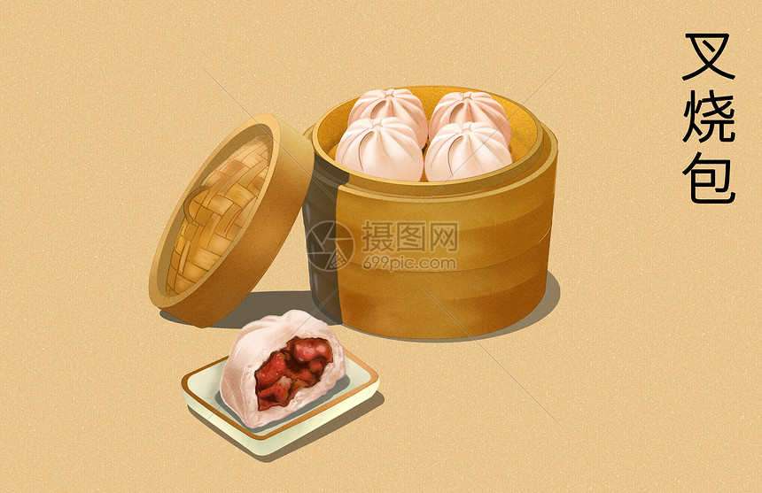 美食小吃蒸笼叉烧包插画图片